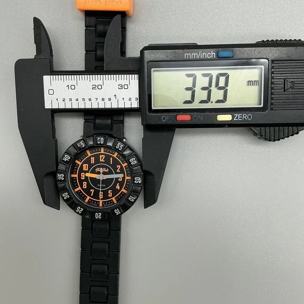 Flik Flak ID43 Boys Watch 34mm Black Orange Dial Rubber Swiss New Battery